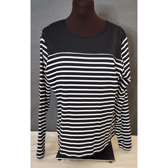 Lands End Womens Pullover Top Black White Stripe Long Sleeve Stretch Sz L‎ 14-16 - Picture 1 of 9